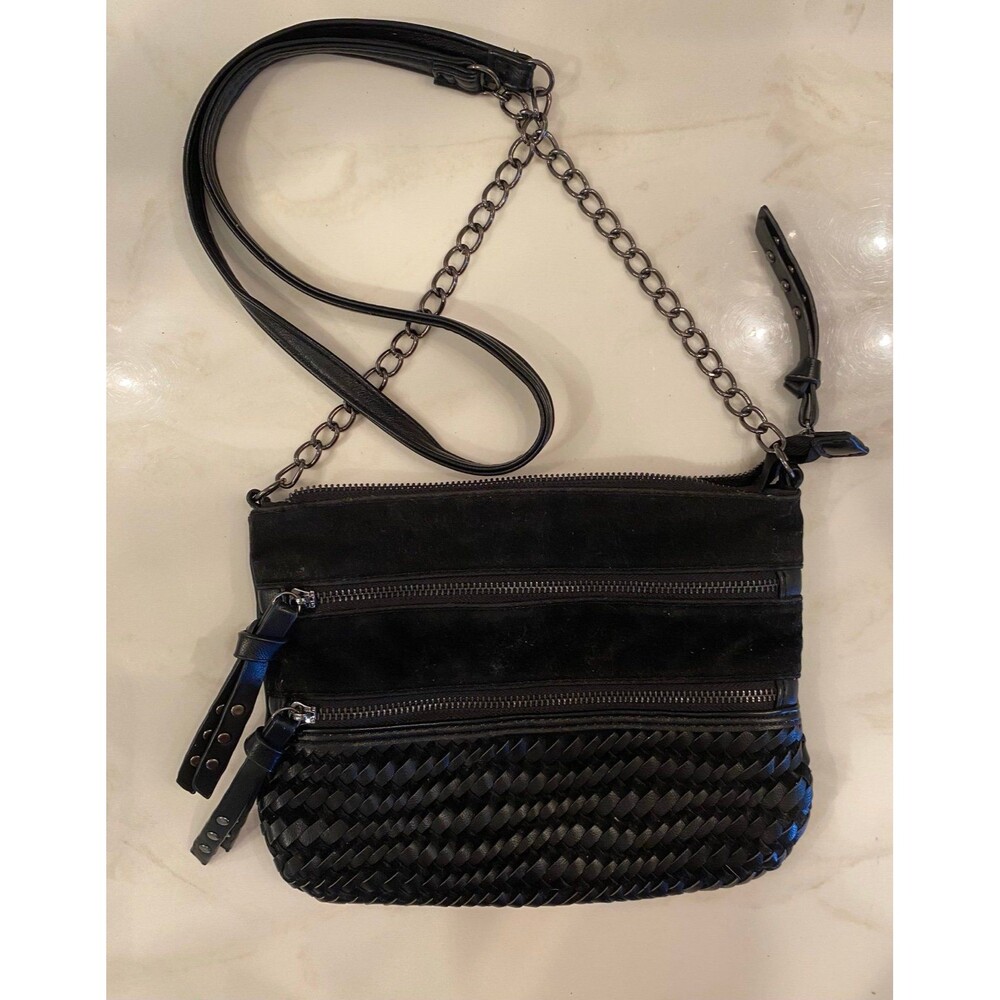 Unique Black Crossbody Bag w/‎ Woven Front 2 Outside Pockets Boho Retro Purse
